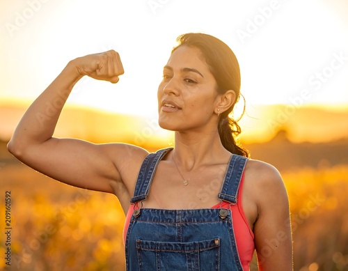 A woman in denim overalls flexes her arm with confidence against a golden sunset backdrop, radiating strength