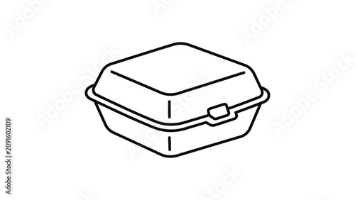 Minimalist line art icon of a closed disposable styrofoam food container.