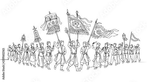 Photos Procession of people with traditional flags and banners, vector illustration, bl