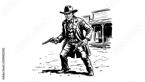 фотографія Vintage Gritty Cowboy Sheriff Holding Dual Revolvers in Wild West Town Ink Illus