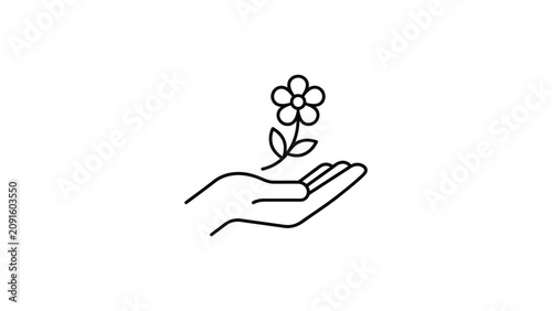 Minimalist outline icon of a hand holding a small flower symbol.
