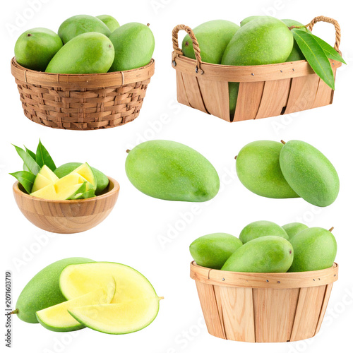 Green Mangoes in Various Wicker Baskets and Bowls with Leaves on Transparent Background