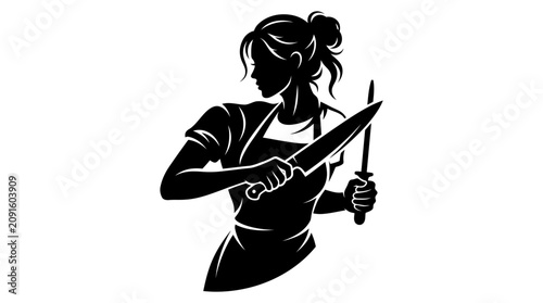 Canvastavla Silhouette of a woman chef sharpening a large knife, preparing for cooking