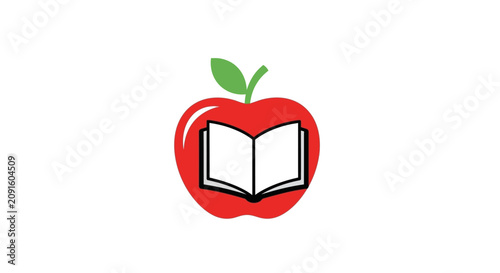 A simple graphic illustration of a red apple with an open book inside