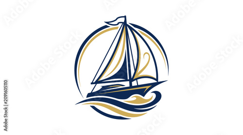 Tableau sur toile Minimalist sailboat nautical logo in circular gold frame.