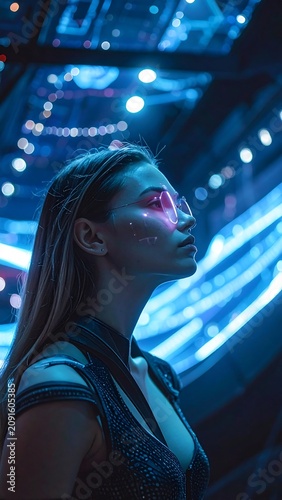 A woman in futuristic clothing and glowing pink glasses looks upward, surrounded by neon blue lights in a blurred setting