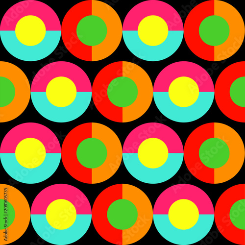 Geometric seamless pattern bold colorful circles vector. Vibrant abstract shapes on a black background. Modern retro design with chic playful pop art style, contemporary, trendy. Colourful pattern