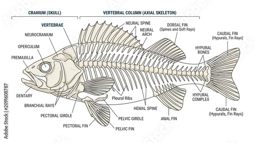 Fotografie Detailed Fish Skeleton Anatomy Diagram with Labels