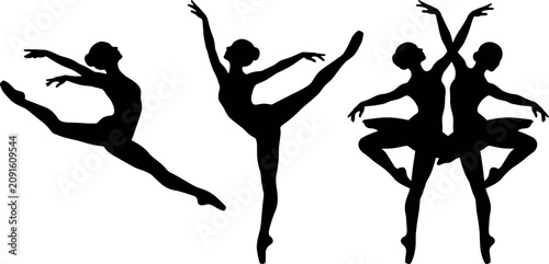 Foto Ballet dancer and ballerina vector silhouettes collection featuring elegant jump