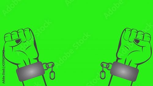 Animated motion graphic of hands breaking free from handcuffs or snapping chains while isolated on a green screen background. This symbolic animation represents freedom, liberation, justice