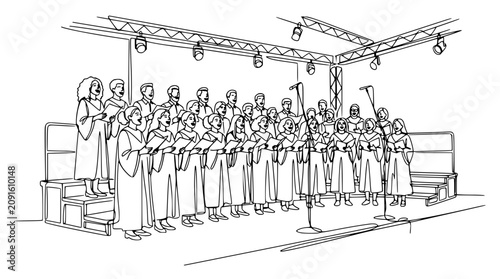 Foto Choir Performance Line Drawing: Diverse Group Singing on Stage with Microphones