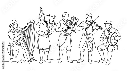 Traditional Folk Musicians Playing Instruments, Line Art Illustration