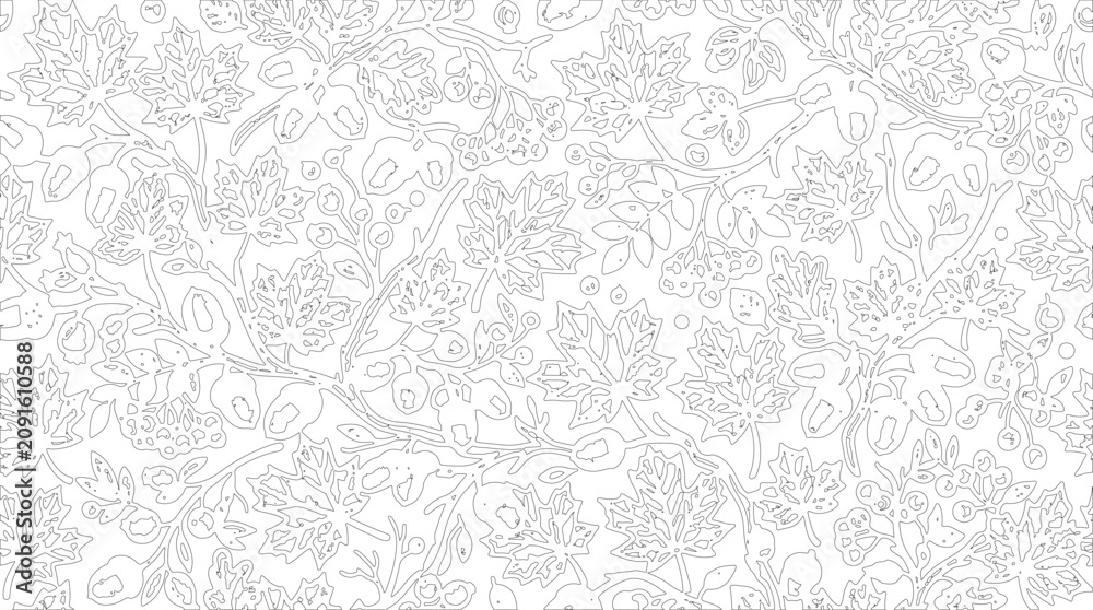 Obraz premium Autumn leaves and berries seamless pattern line art
