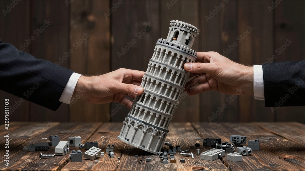 Fototapeta premium Two hands hold a LEGO Leaning Tower, surrounded by scattered pieces.