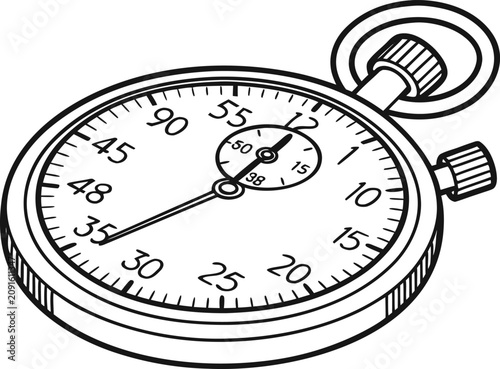 Detailed black and white outline illustration of a classic mechanical stopwatch for precise time measurement tasks