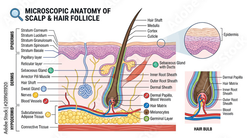 Foto Microscopic Anatomy of Scalp and Hair Follicle Diagram
