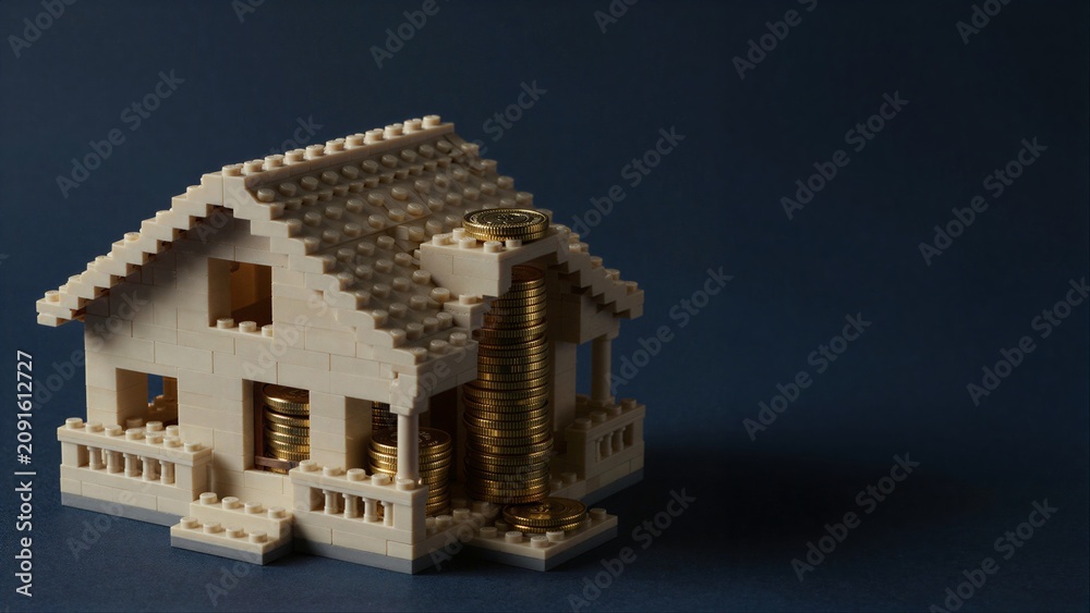Fototapeta premium Lego house with gold coins symbolizing home ownership and financial success.