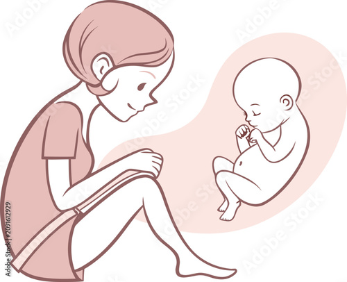 Pregnant woman looking at her unborn baby in a gentle and loving hand drawn vector illustration
