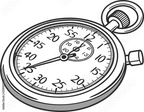 Detailed black and white vector illustration of a classic mechanical stopwatch for precise time measurement tasks