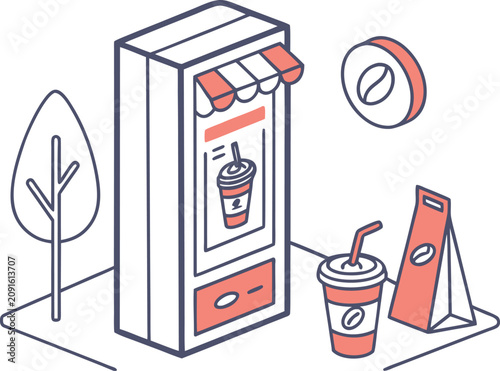 Isometric kiosk display showing coffee drinks with a takeaway cup and a bag of beans