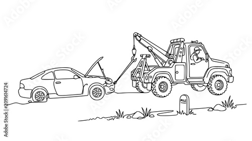 Obraz na płótnie Tow Truck Hooking Up Broken Down Car with Flat Tire