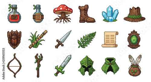 Cuadro en lienzo A set of fantasy RPG inventory icons in a pixel art style featuring weapons, armor, potions, and natural elements for gaming