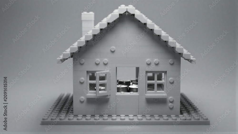 Fototapeta premium Lego house with coins inside, symbolizing savings or financial security.