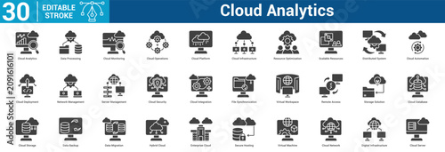 Fotografía Cloud Analytics icon set collection business with icon of Cloud Analytics, Data Processing, Cloud Monitoring, Cloud Operations, Cloud Platform, Cloud Infrastructure, Resource Optimization, Scala