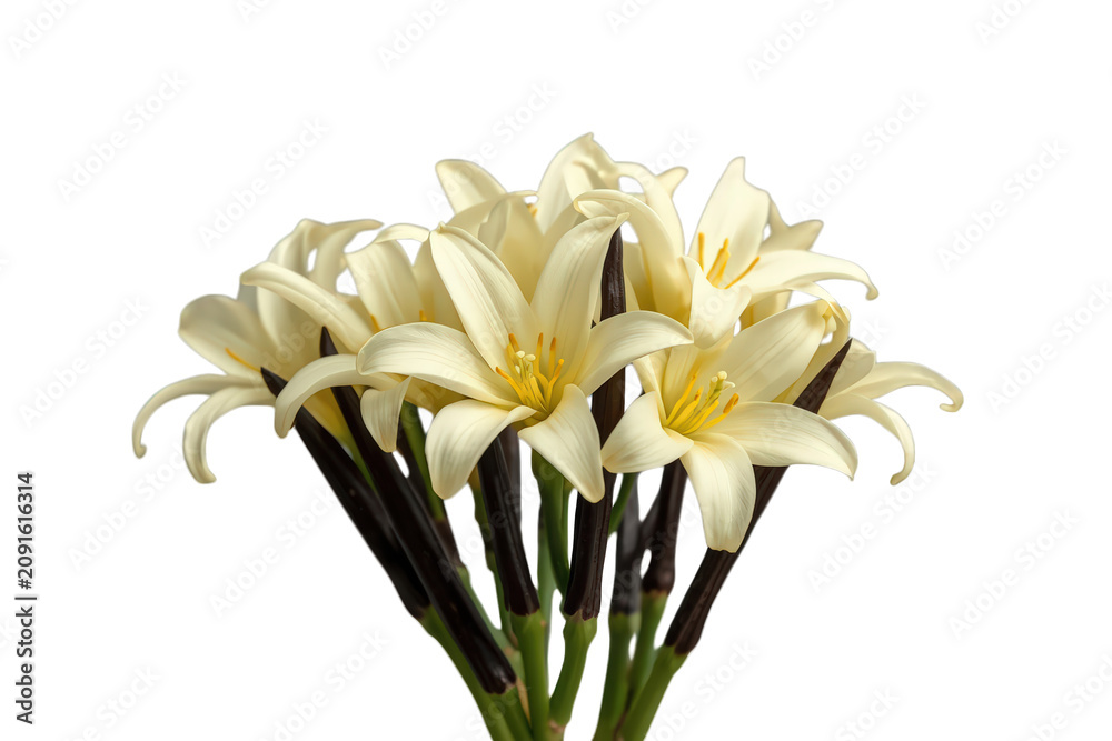 Obraz premium Creamy white lily flowers blooming, forming a fresh bouquet with dark stems, isolated with a transparent background