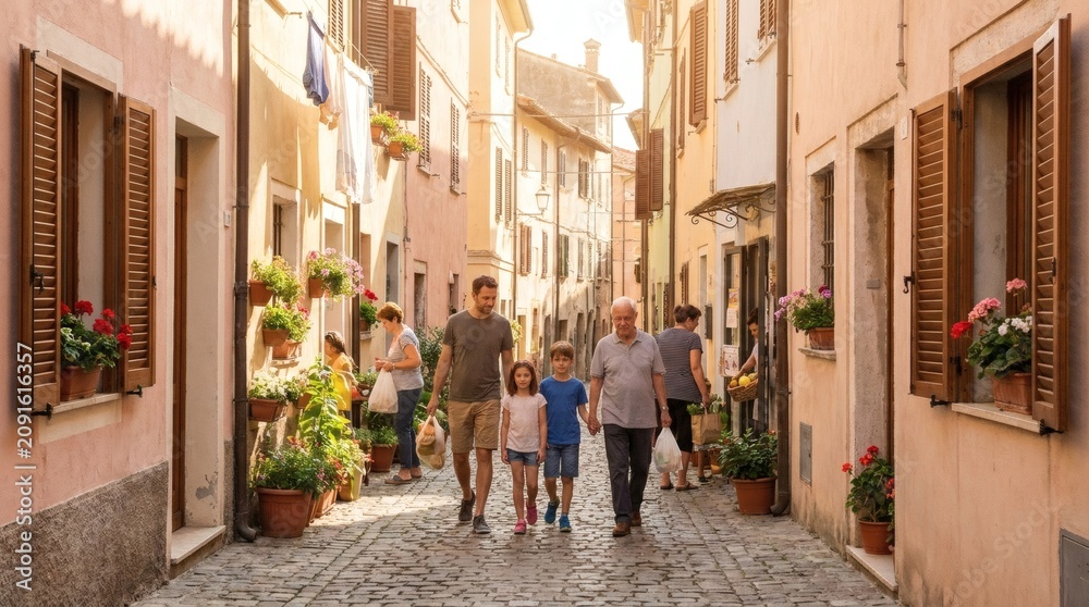 Obraz premium Multi-generational family walking and talking together in a charming rustic European alley