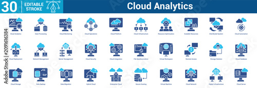 Tableau sur toile Cloud Analytics icon set collection business with icon of Cloud Analytics, Data Processing, Cloud Monitoring, Cloud Operations, Cloud Platform, Cloud Infrastructure, Resource Optimization, Scala