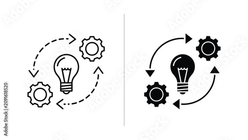 Lightbulb with Rotating Gears Icon Set Representing Innovation and Process Workflow
