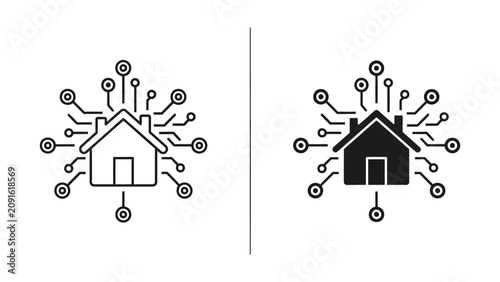Smart Home Automation Icons Featuring Connected Digital Circuitry in Minimalist Style