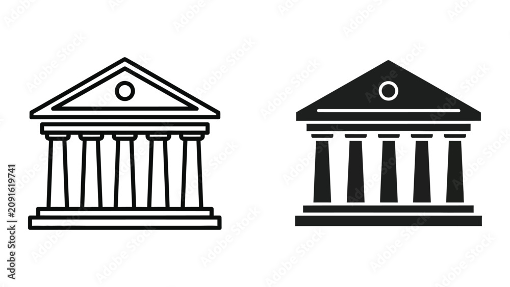Obraz premium Minimalist Bank Building Icon Set Featuring Classic Architecture in Line and Solid Style