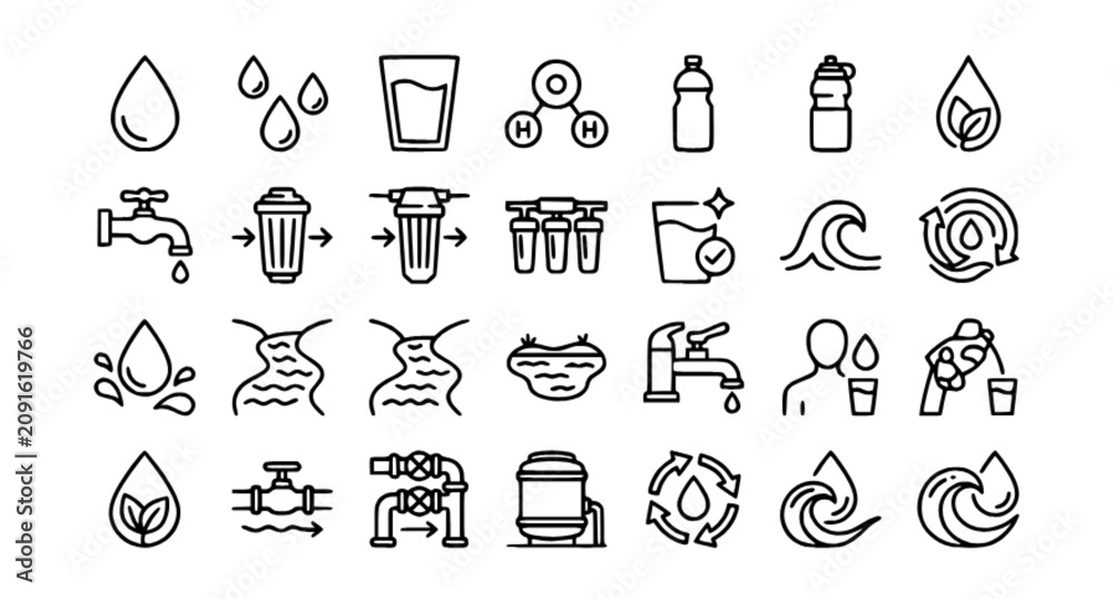 Fototapeta premium Water Line Icons Set with Rain Drops H2O Purification Filter and Aqua Vector