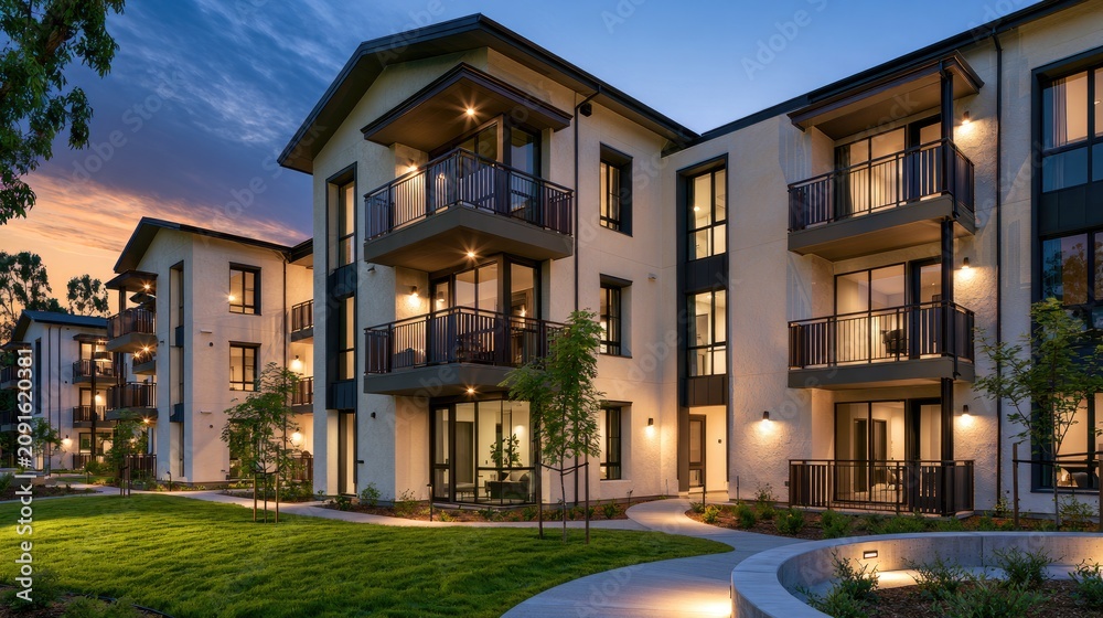 Fototapeta premium Modern apartment buildings with balconies and soft exterior lighting at dusk