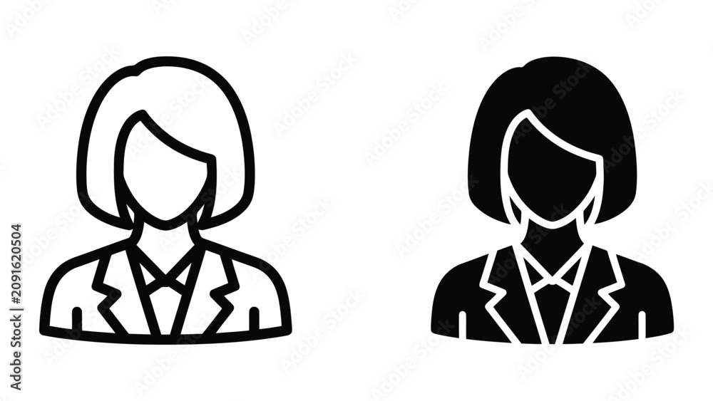 Fototapeta premium Businesswoman avatar icon set featuring professional female profile silhouettes in line and solid style