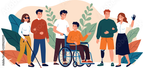 Diverse disabled people with friends support and inclusion group of disabled characters flat vector concept illustration