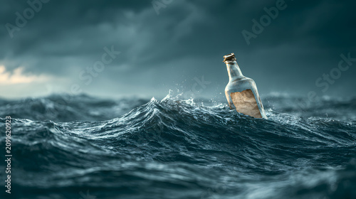 Bottle floating on ocean waves.