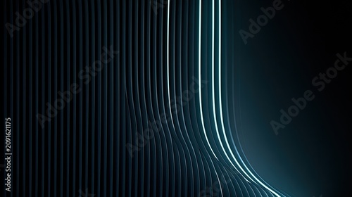 Dark, undulating, ribbed surface illuminated by cool, bright vertical light streaks