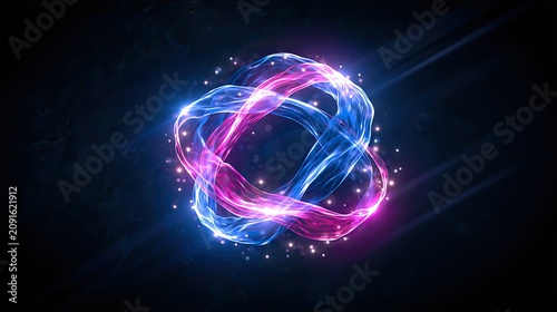 Intertwined luminous energy strands glow and sparkle in dark abstract space