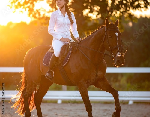 A woman in riding attire gracefully sits atop a brown horse, bathed in golden sunlight during an outdoor equestrian scene