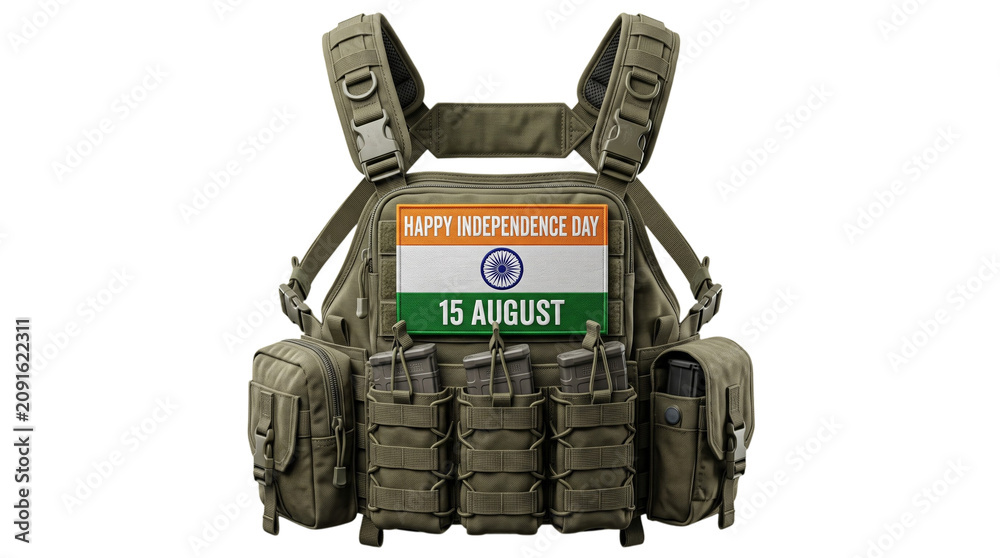 Fototapeta premium Tactical vest with indian flag patch for independence day, isolated on transparent background