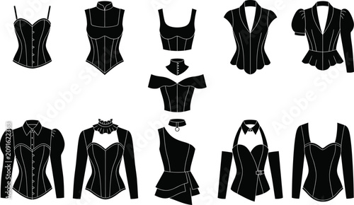 Cuadro en lienzo Set of ten isolated black vector women corset silhouettes, featuring bustier, crop top, peplum, puff sleeve, off shoulder, and asymmetric fashion blouse clothing templates
