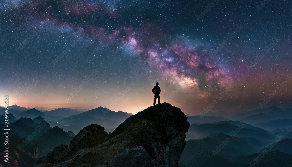 Fototapeta premium Lone figure surveys a vast, star-filled sky from a mountain peak