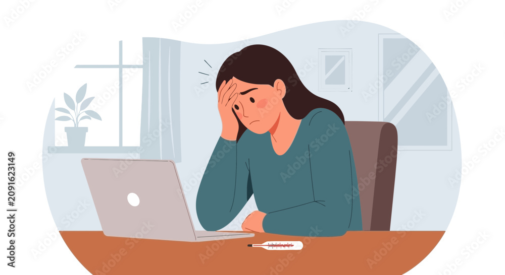 Obraz premium Young Woman Feeling Sick at Home with Laptop and Thermometer