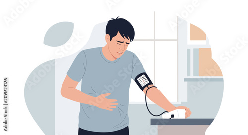 Man checking blood pressure, unwell, at home, health monitoring, medical equipment