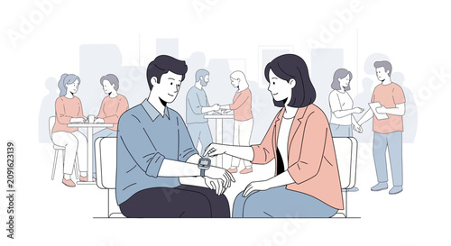 Couple checking smartwatch in cafe, urban background, modern lifestyle