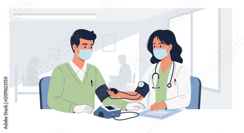 Doctor checking patient's blood pressure in medical office