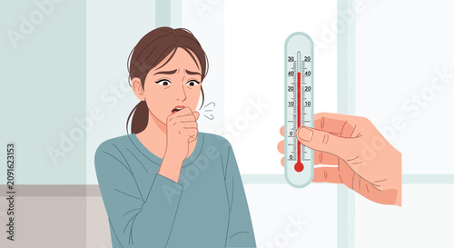 Sick young woman coughing, hand holding thermometer showing fever